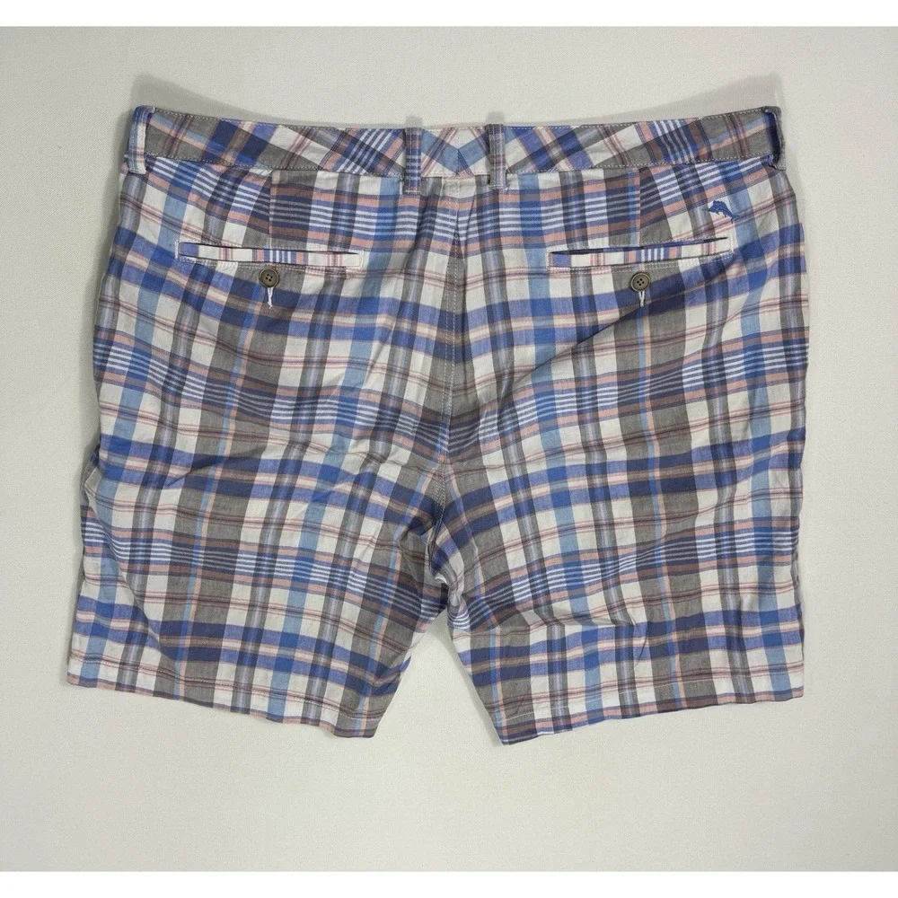 Tommy Bahama Mens 38 (40x10) Linen Stretch Plaid Shorts Pink Blue Modern Beach
